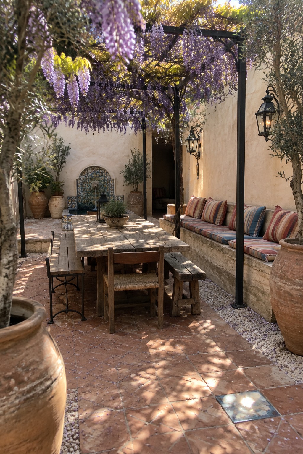 A wooden dining table sits on a terracotta-tiled courtyard patio beneath a pergola covered in purple wisteria, beside a built-in cushioned bench.