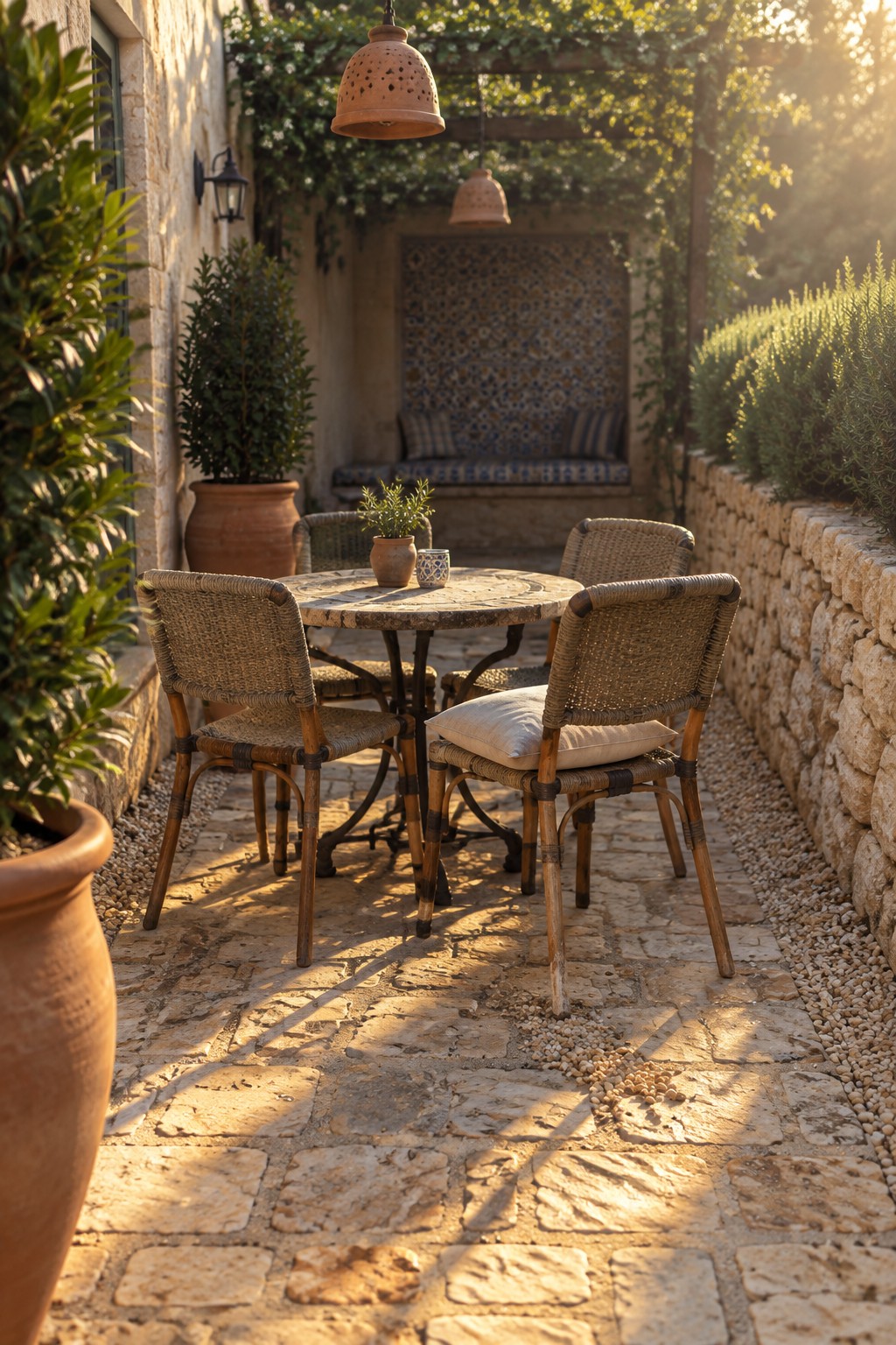 A round outdoor dining table and wicker chairs sit on a stone-paved courtyard bordered by gravel, stone walls, and greenery.