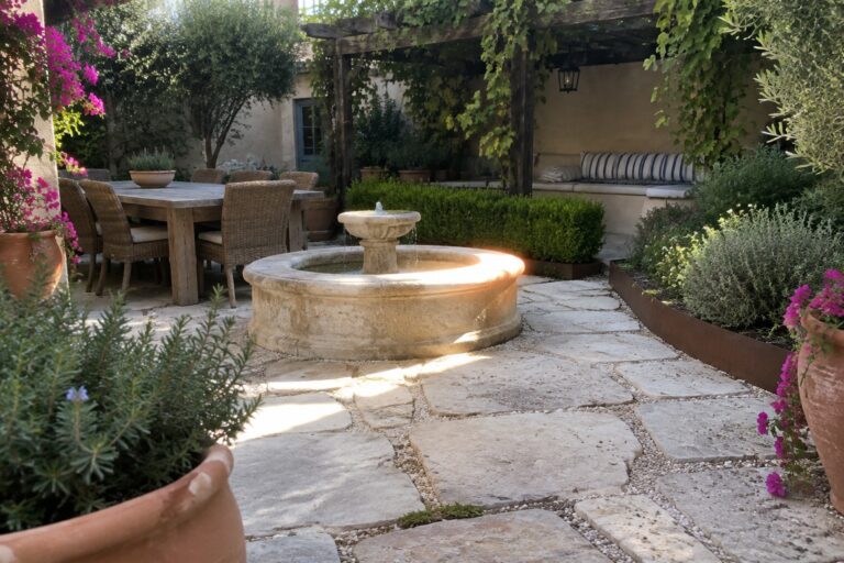 24 Stylish Paved Patio Garden Ideas Using Stone, Gravel, and Greenery Irregular pale stone slabs with gravel joints form a path through a garden patio beside planters, a dining table, and a circular stone fountain.