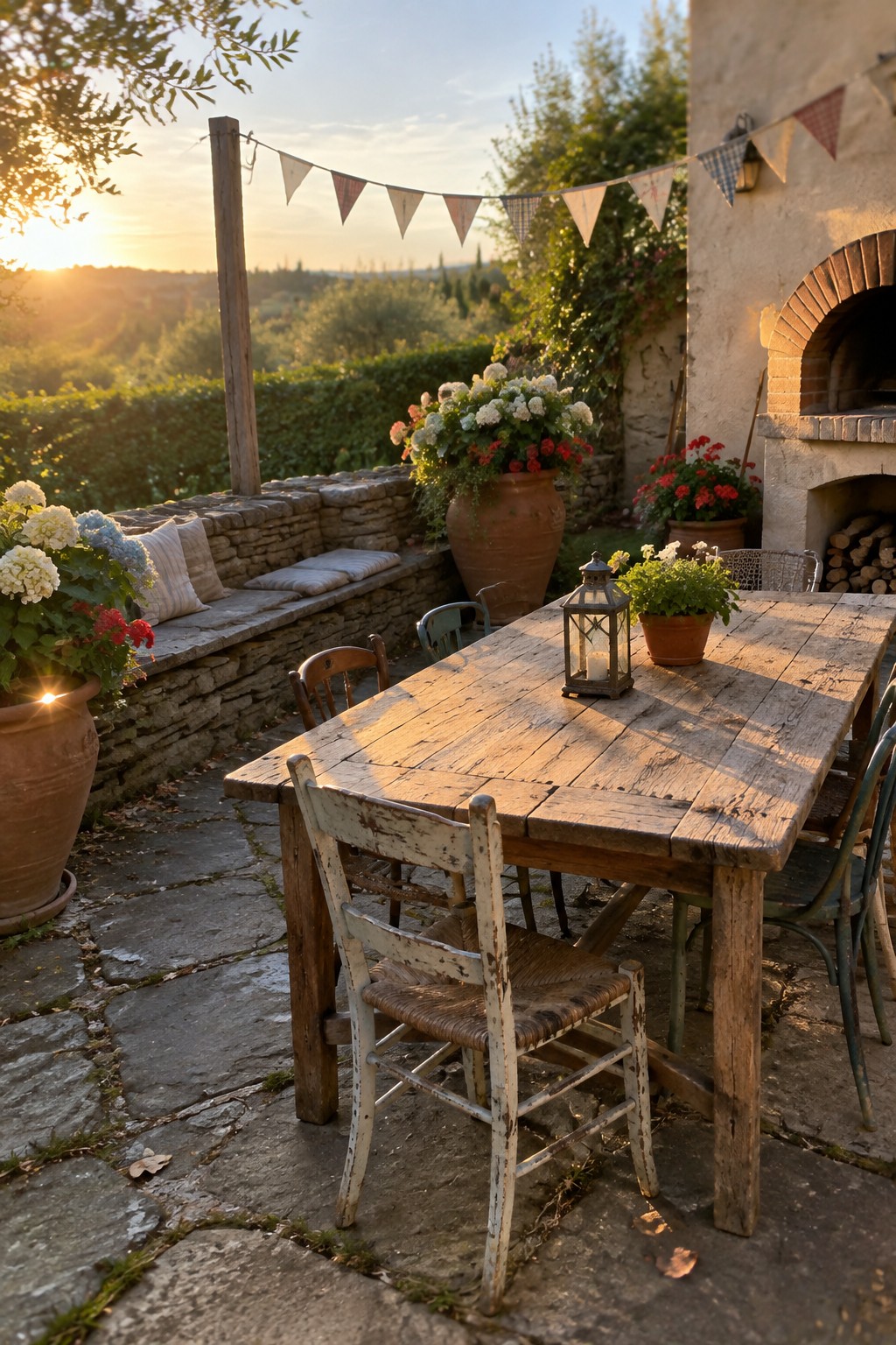 A wooden dining table and mismatched chairs sit on a stone-paved patio beside a low stone wall and an outdoor brick oven.