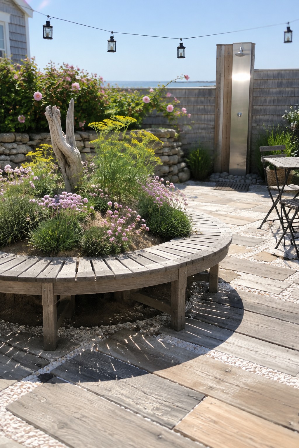 A curved wooden bench borders a planted garden bed beside a paved patio with a wall-mounted shower.