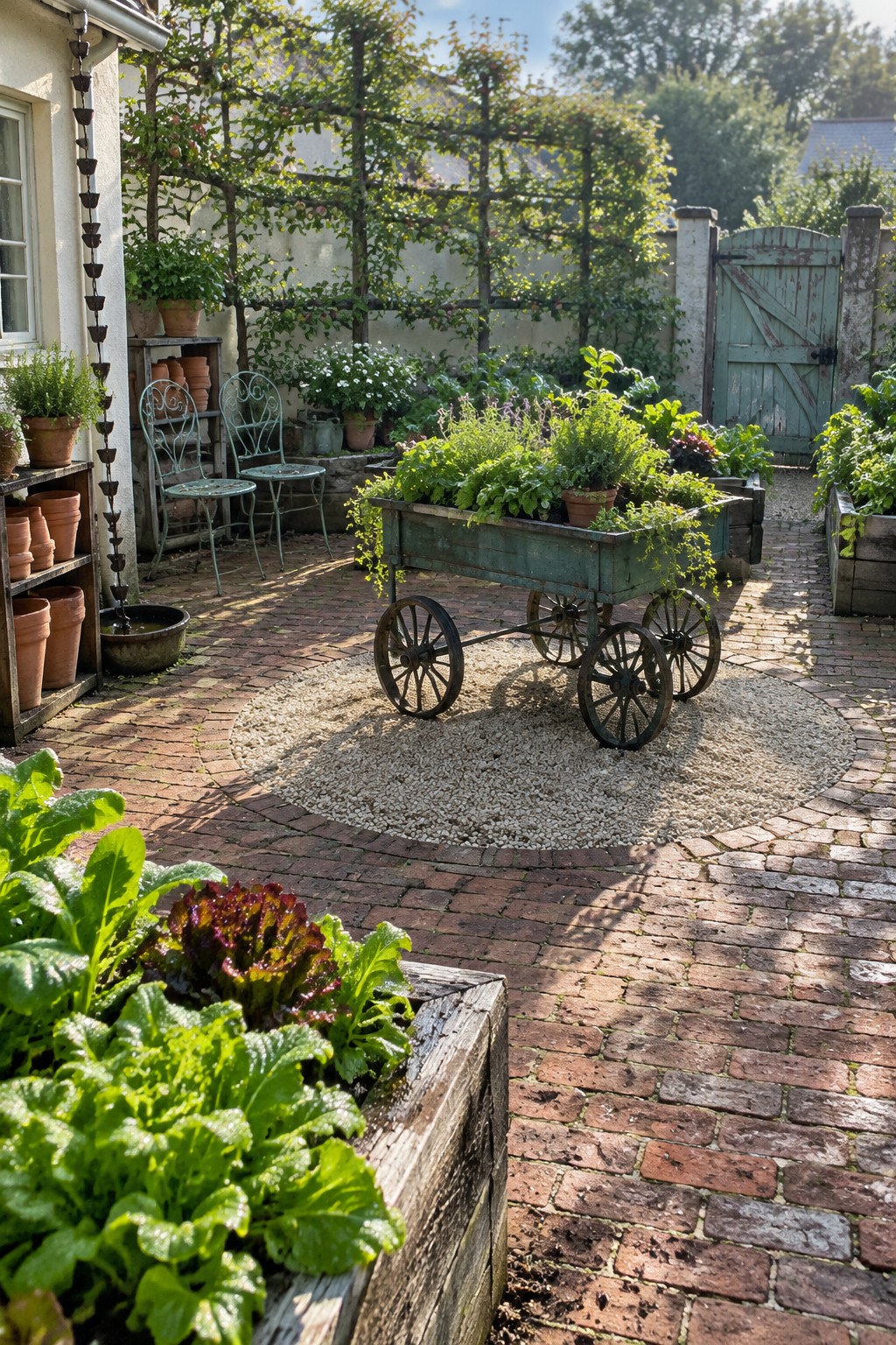 A green planting cart stands on a circular gravel inset in a brick-paved garden courtyard.