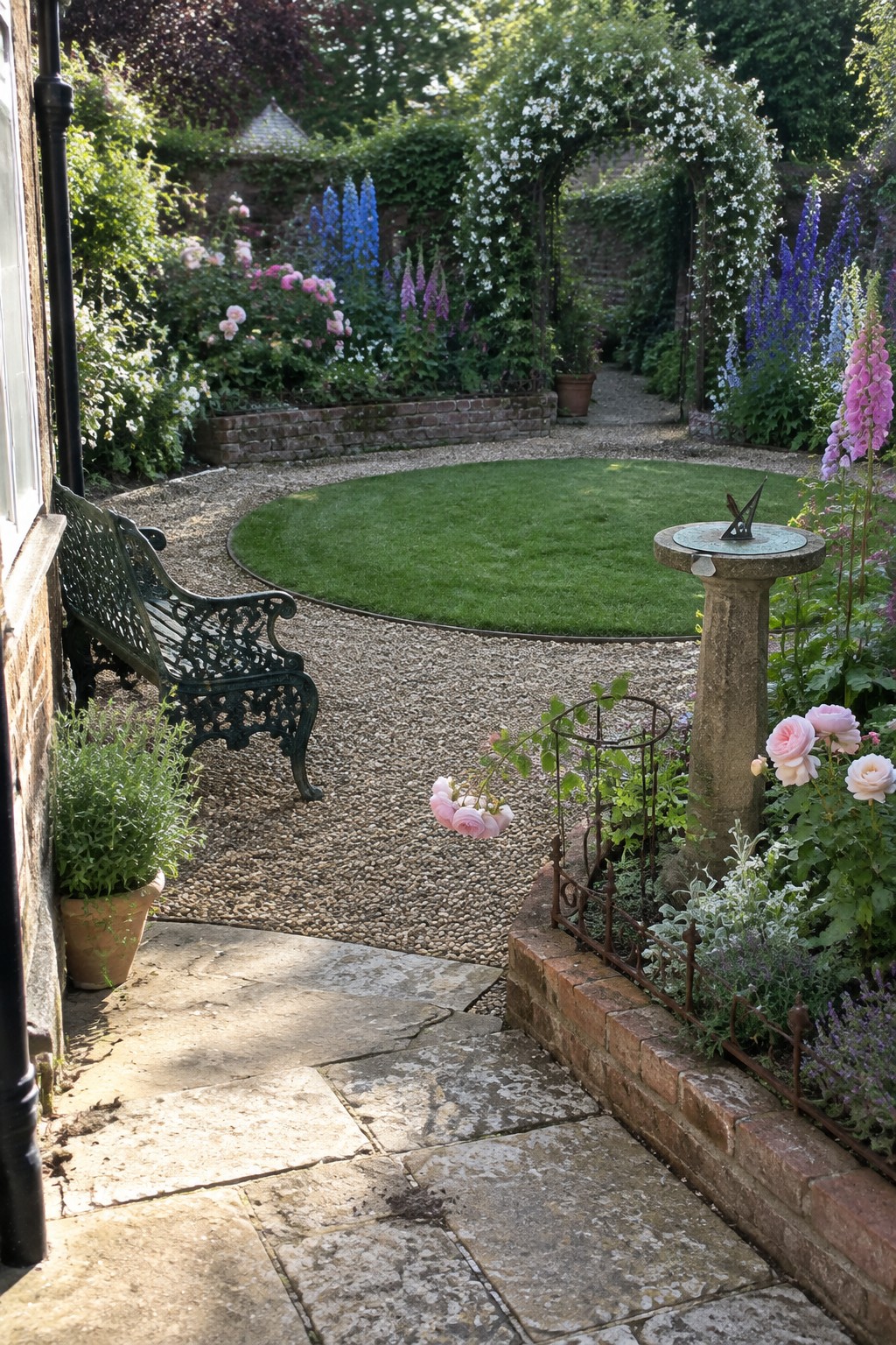 A curved gravel path circles a small lawn in a flower-filled garden, with a stone-paved walkway in the foreground.