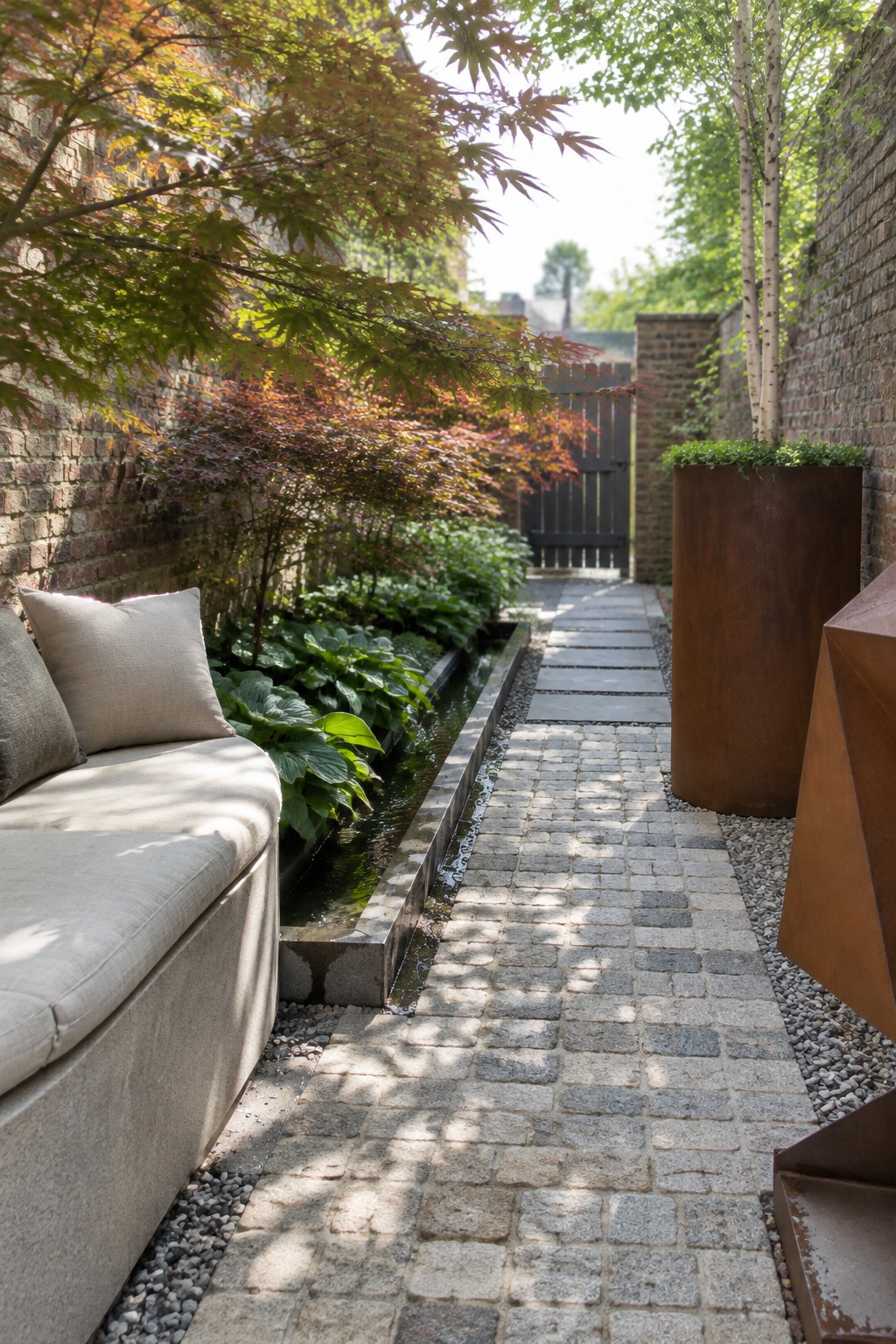 A narrow stone path runs through a brick-walled garden beside a slim water channel, leafy plants, and a built-in bench.