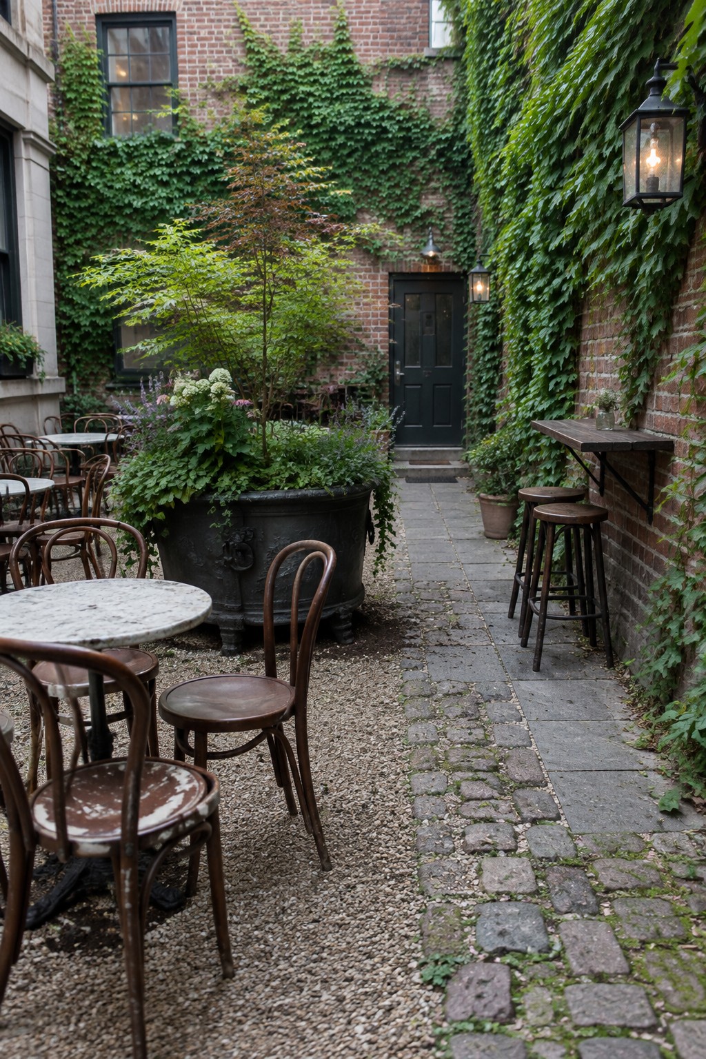 A narrow stone path runs through a brick courtyard garden past a large planter and café seating.