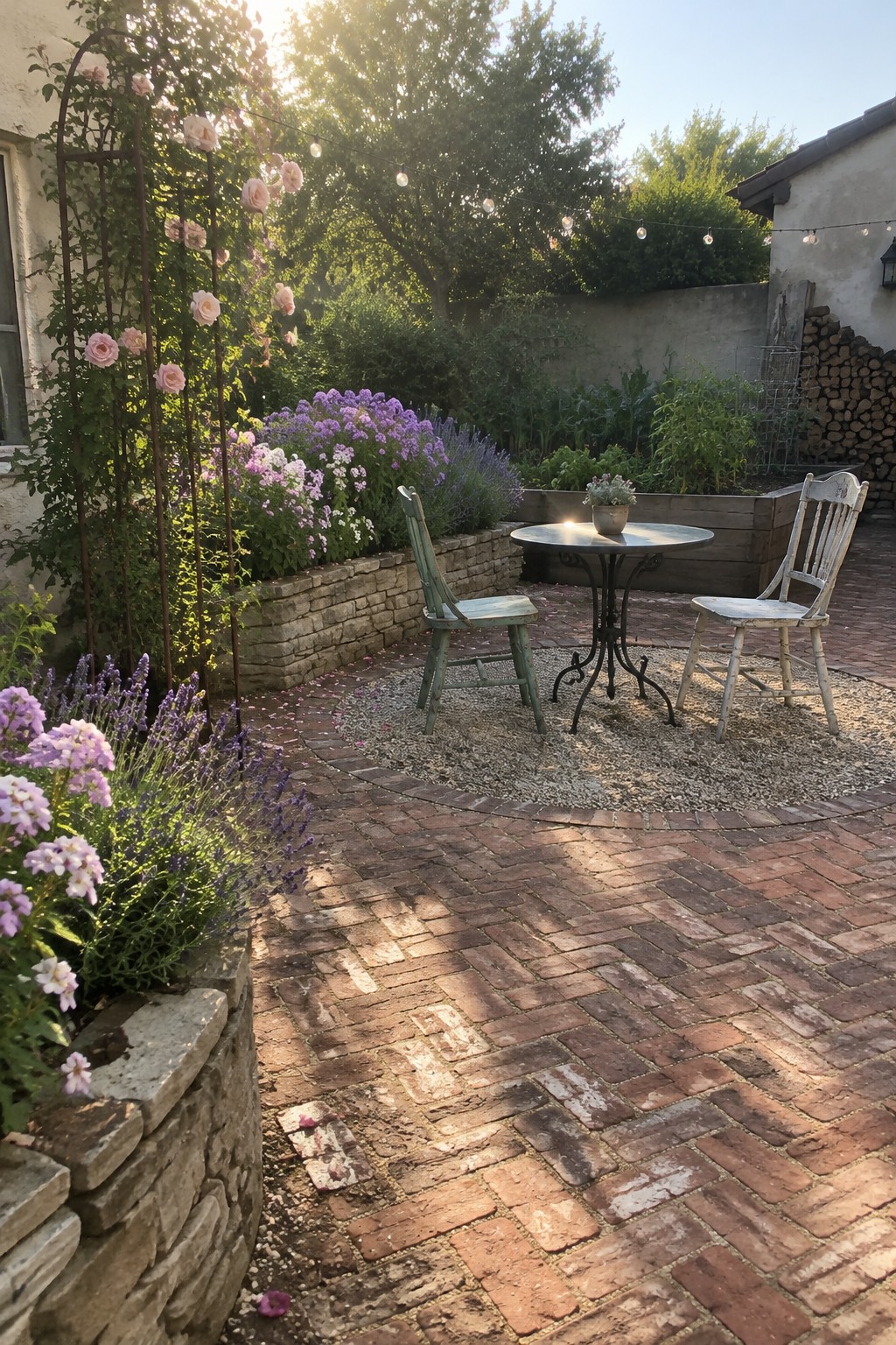 A brick-paved garden patio has a round gravel seating area with a metal table and two chairs beside raised flower beds.