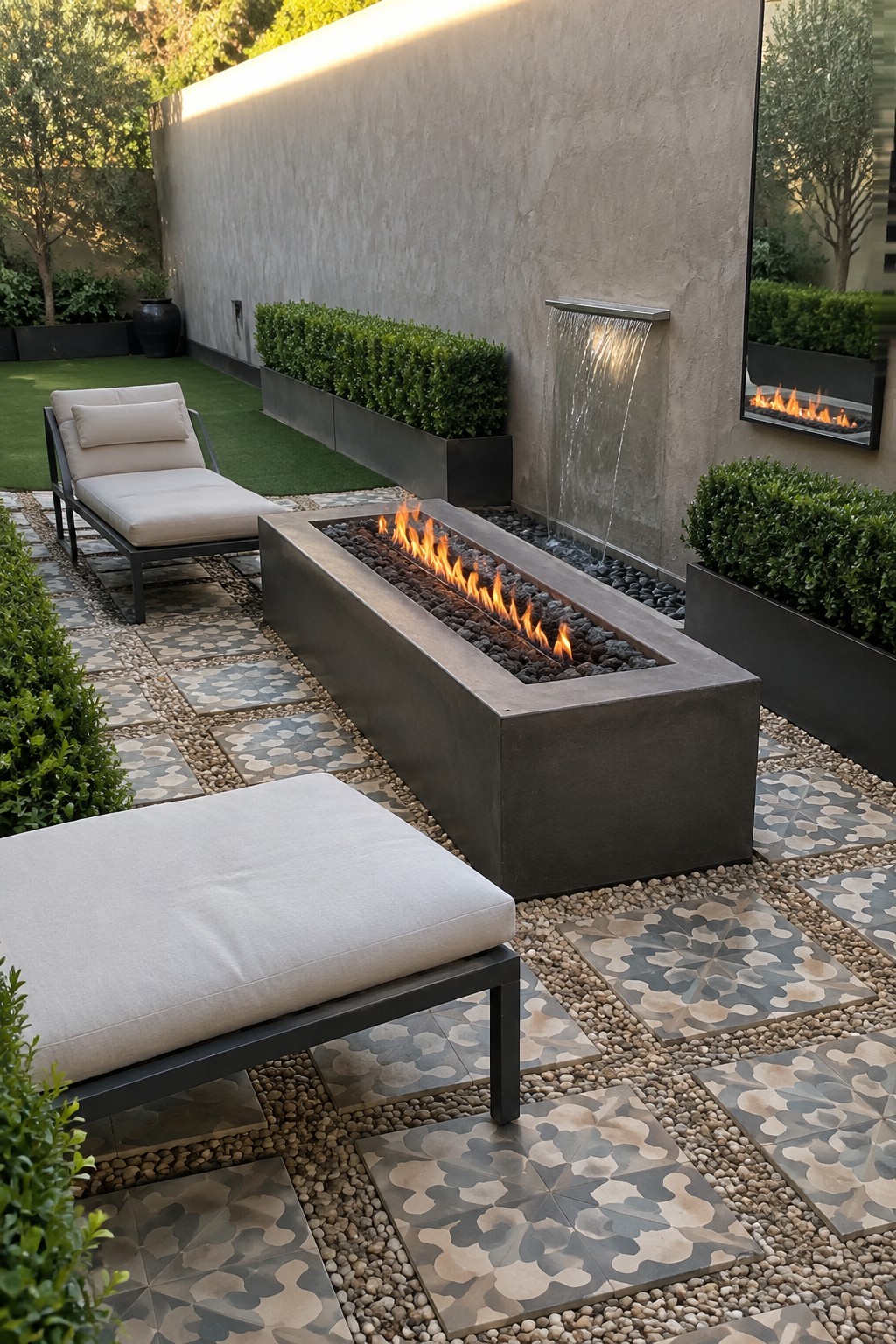 A rectangular gas fire pit sits among patterned square pavers and gravel in a courtyard patio with cushioned lounge chairs and a wall-mounted water feature.