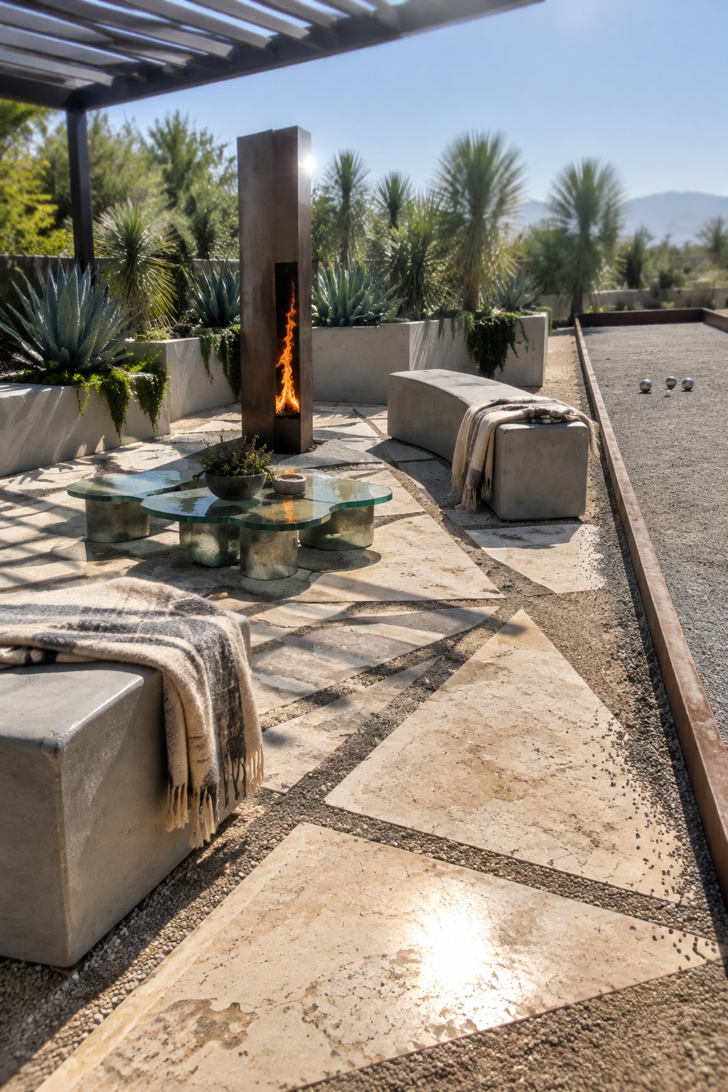 Large irregular stone pavers set in gravel lead past concrete seating and a glass table toward a gravel boules court.