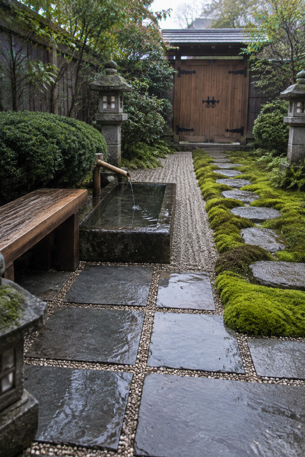 Large stone pavers set in pale gravel beside a moss-lined path in a walled garden.