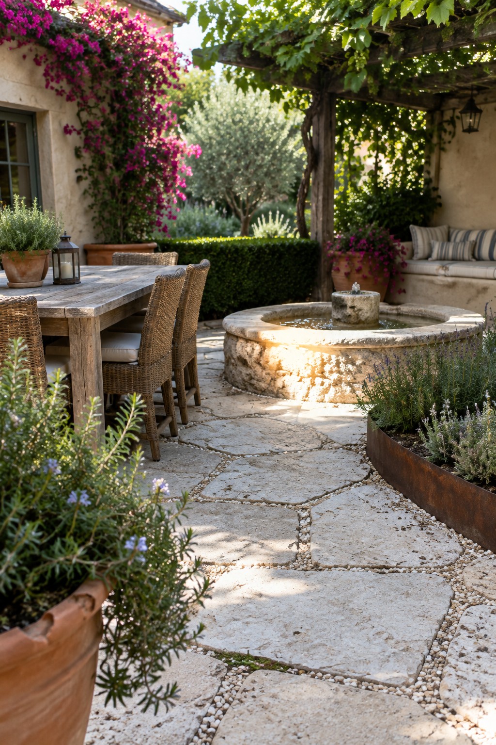 Irregular pale stone slabs with gravel joints form a path through a garden patio beside planters, a dining table, and a circular stone fountain.