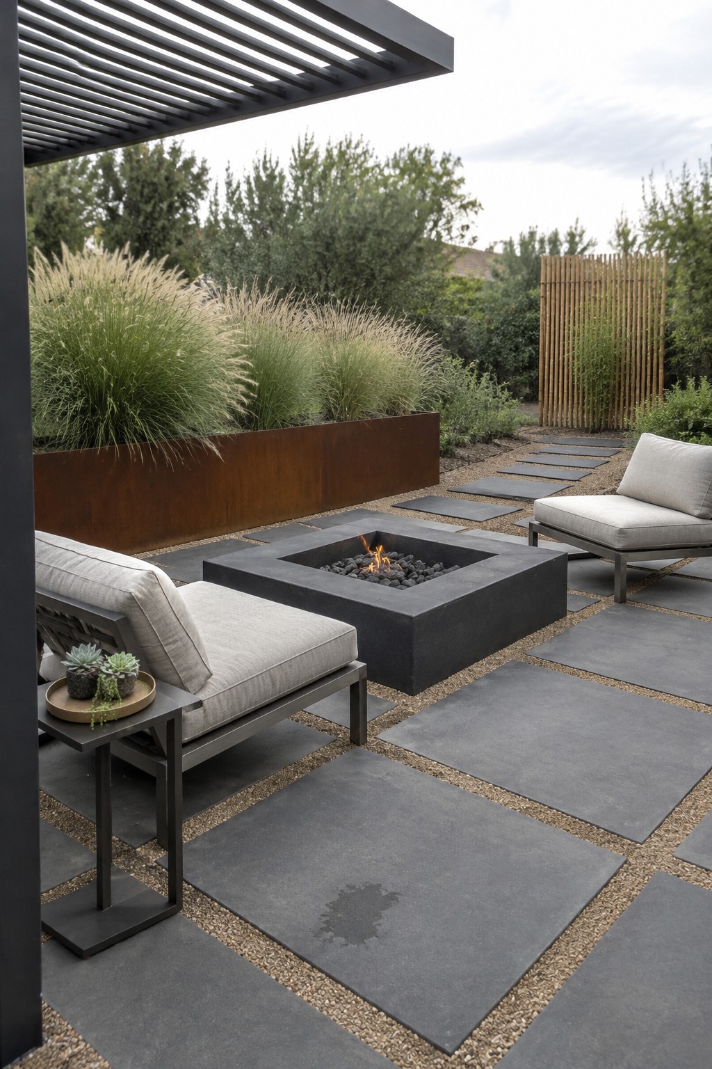 Large gray stone pavers set in gravel around a square fire pit, with cushioned outdoor chairs and a raised planter of ornamental grasses.