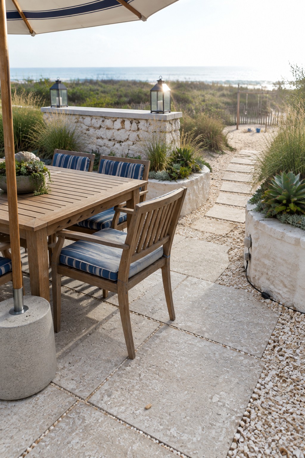 A stone slab path crosses a gravel patio beside raised stone garden beds and a wooden dining set under a striped umbrella.