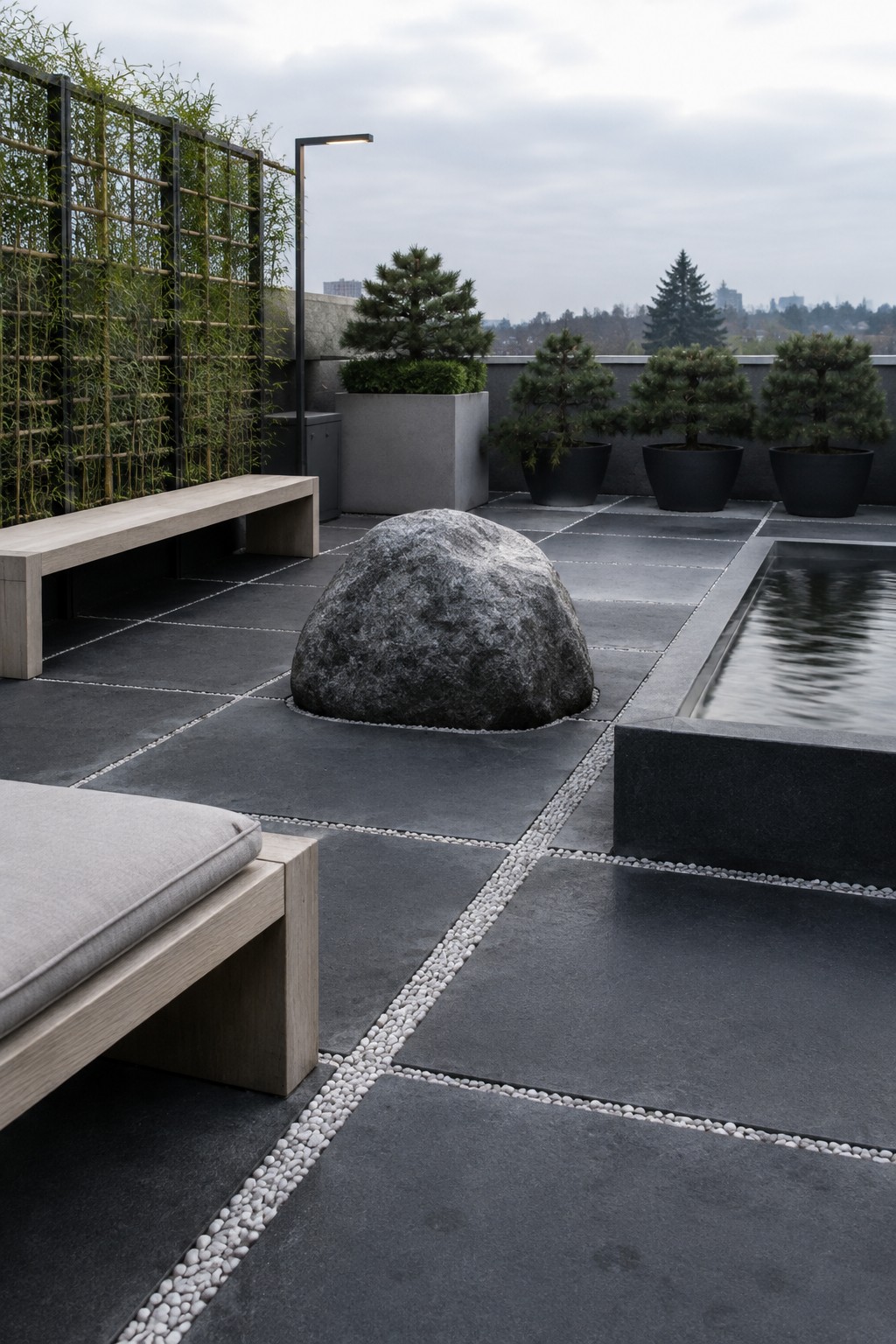 Large dark patio pavers are separated by narrow strips of pale gravel beside a pool and outdoor seating.