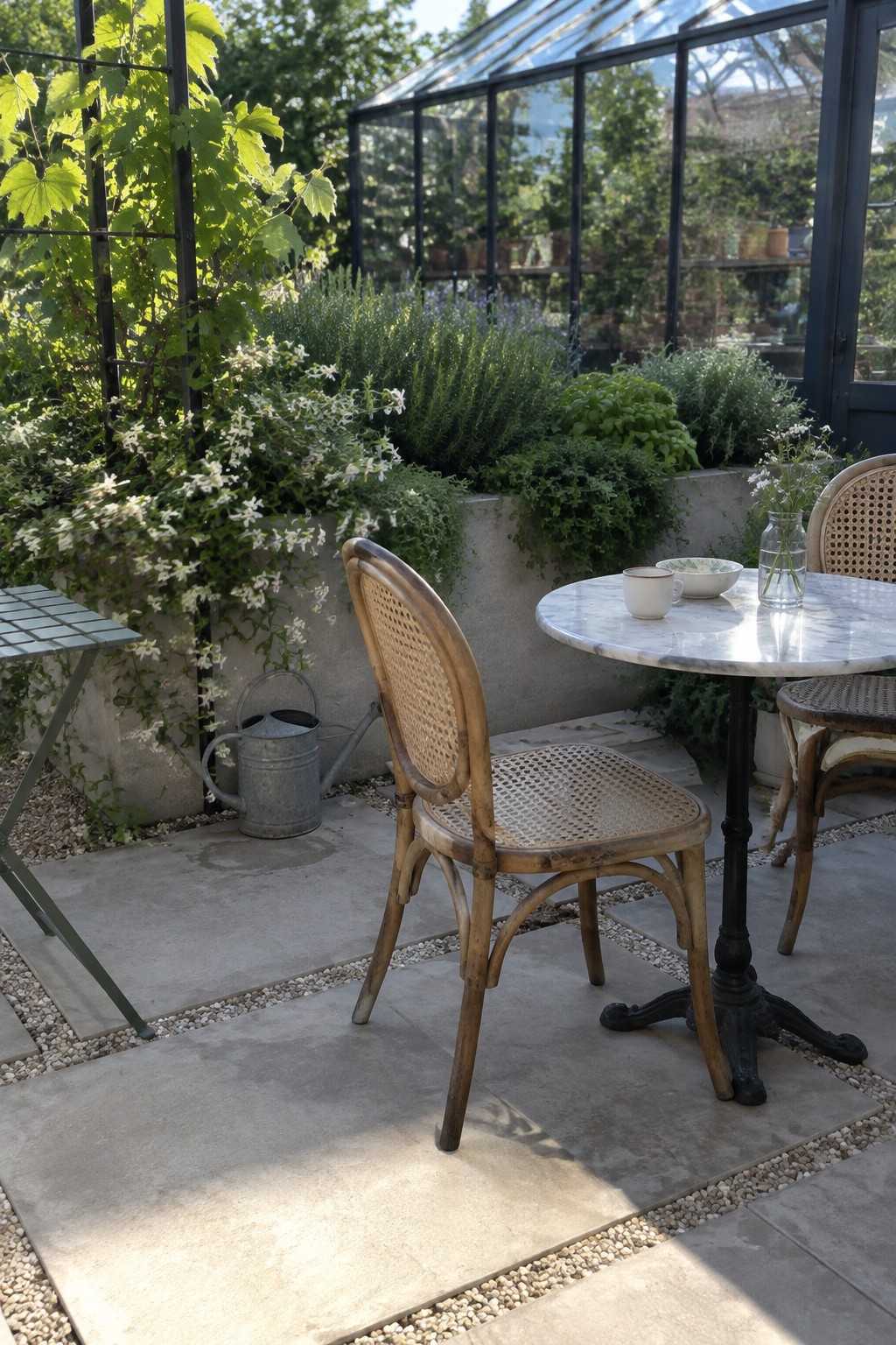 A round table and cane chairs sit on pale stone pavers with gravel joints beside a raised garden bed and greenhouse.