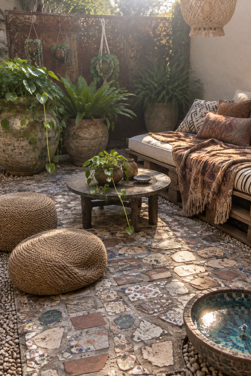 A small courtyard patio with irregular patterned stone paving, potted plants, a low table, and a cushioned outdoor sofa.
