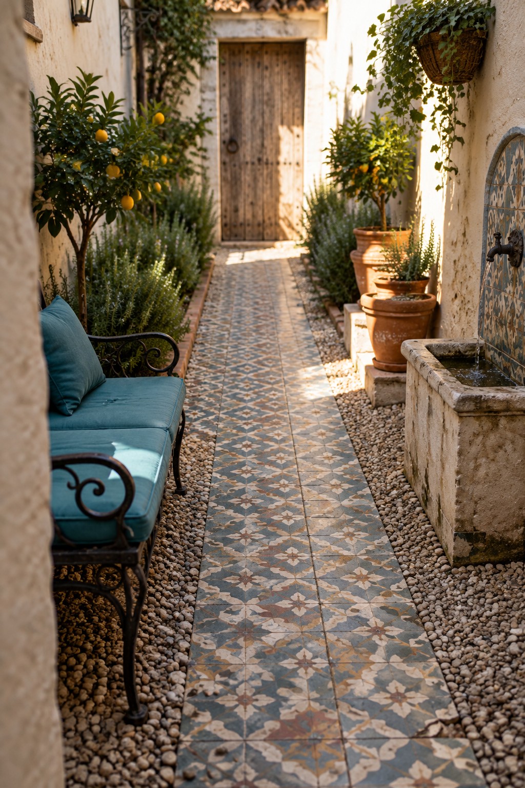 A narrow patterned tile path runs between gravel beds and potted plants in a courtyard, leading to a wooden door.