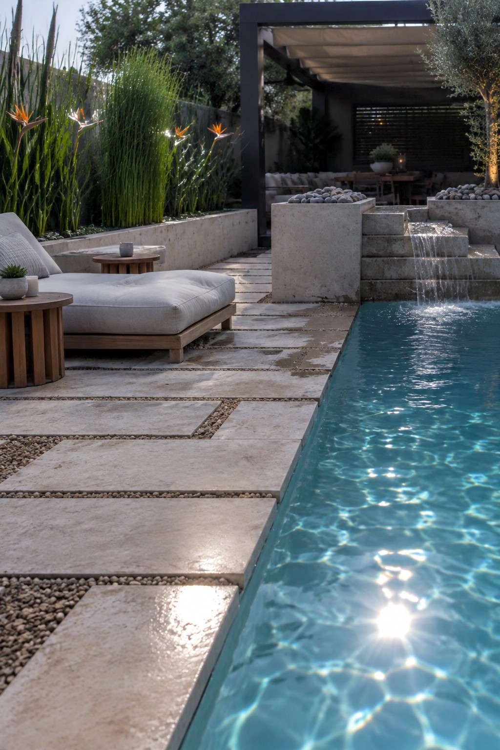 Large stone pavers with gravel joints run beside a swimming pool, with lounge seating and a raised water feature nearby.