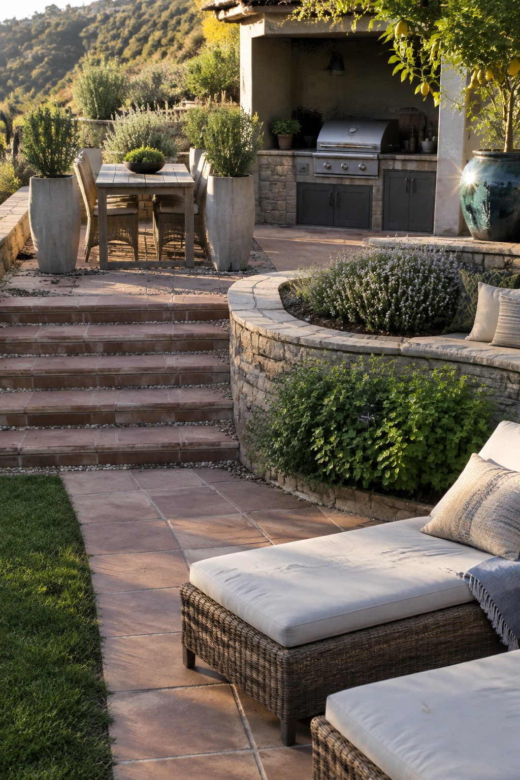 Terracotta pavers connect a dining table, stone garden steps, and wicker lounge seating in a landscaped patio.