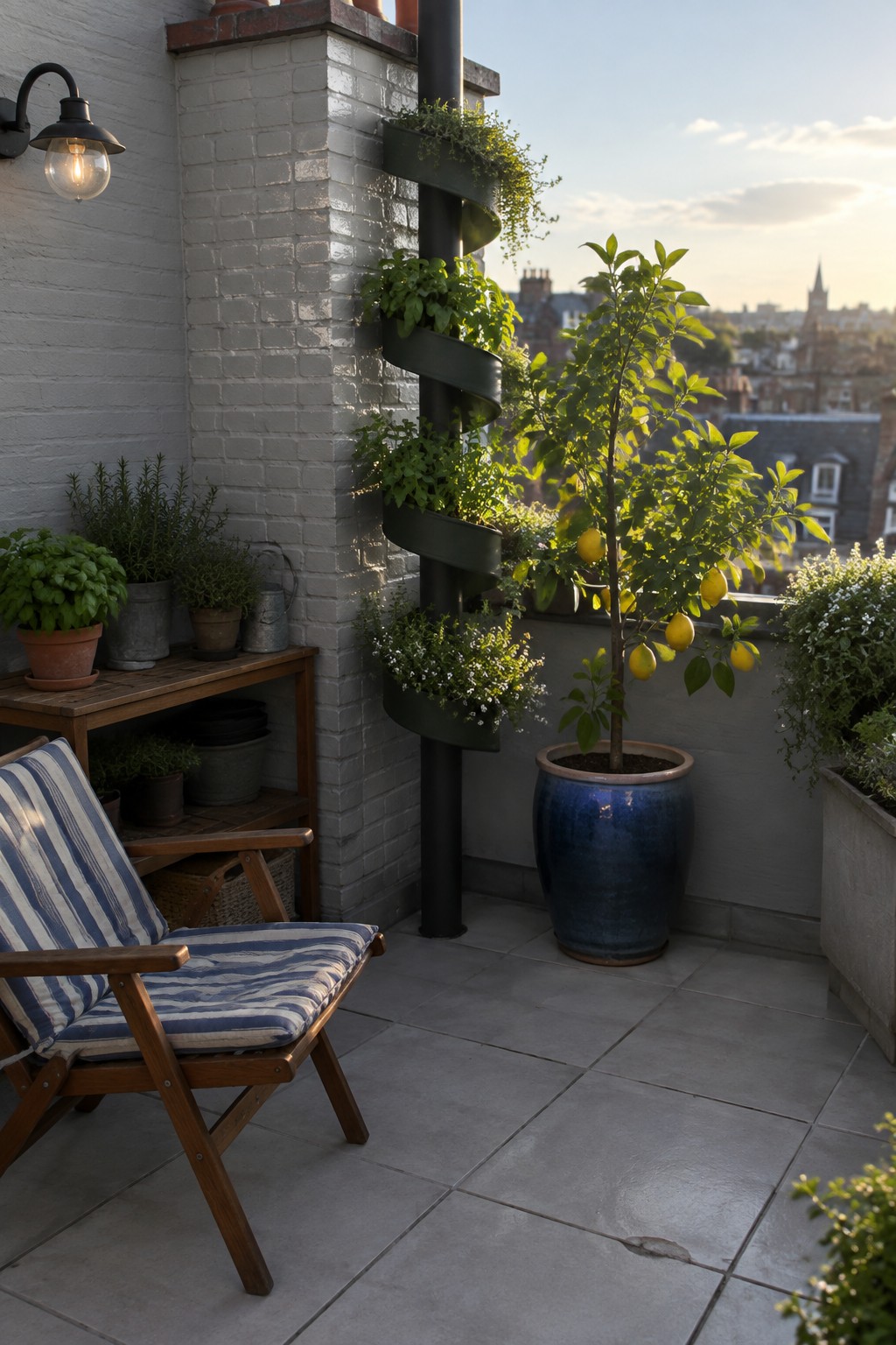A black spiral planter wrapped around a vertical post holds greenery beside a potted lemon tree on a tiled patio.