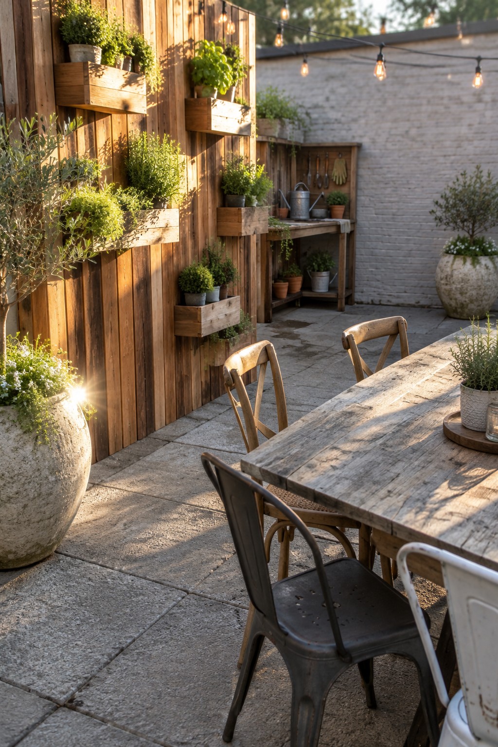Wooden wall planters filled with greenery line a patio fence beside an outdoor dining table.
