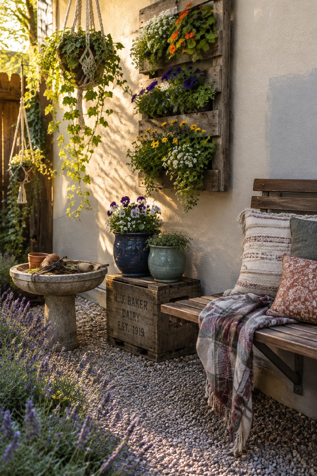 Three wooden wall planters filled with flowers hang above potted plants and a gravel patio.