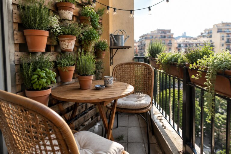 24 Unique Vertical Patio Garden Ideas for Making the Most of Limited Space A narrow balcony has terracotta pots arranged on wooden wall shelves, with more planters along the railing and a small table and chairs.