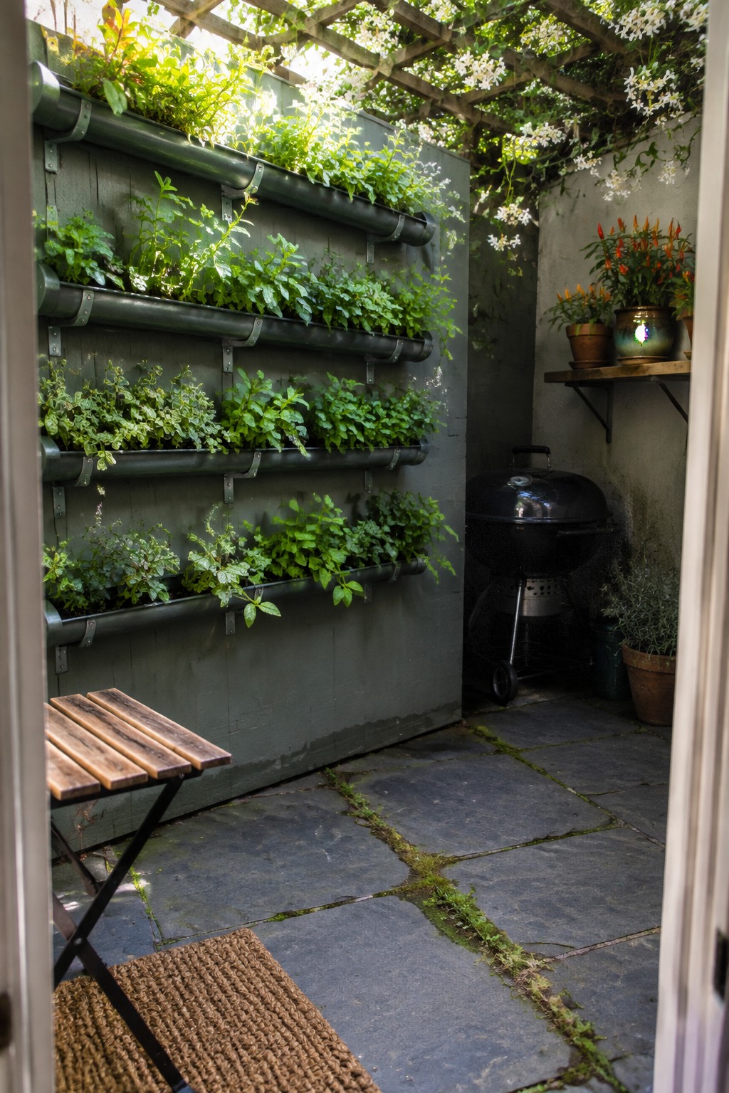Four horizontal planting troughs filled with greenery are mounted on a patio wall beneath a wooden pergola.