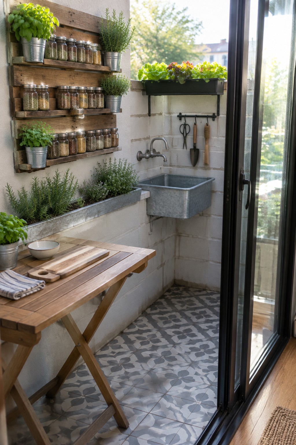 A compact patio garden has herbs in pots on wooden wall shelves beside a small worktable and utility sink.