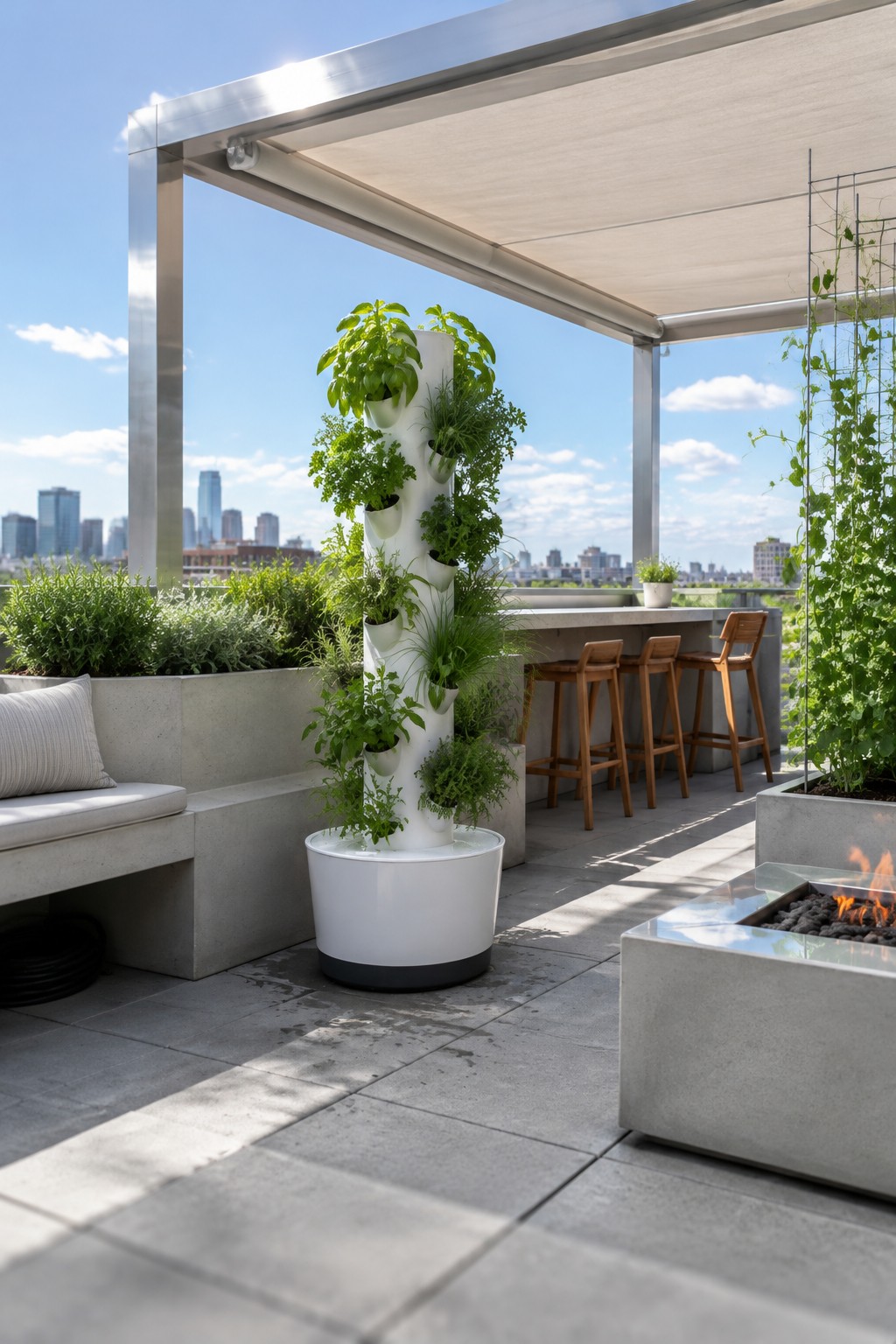 A white vertical planter filled with leafy greens and herbs stands on a covered rooftop patio.