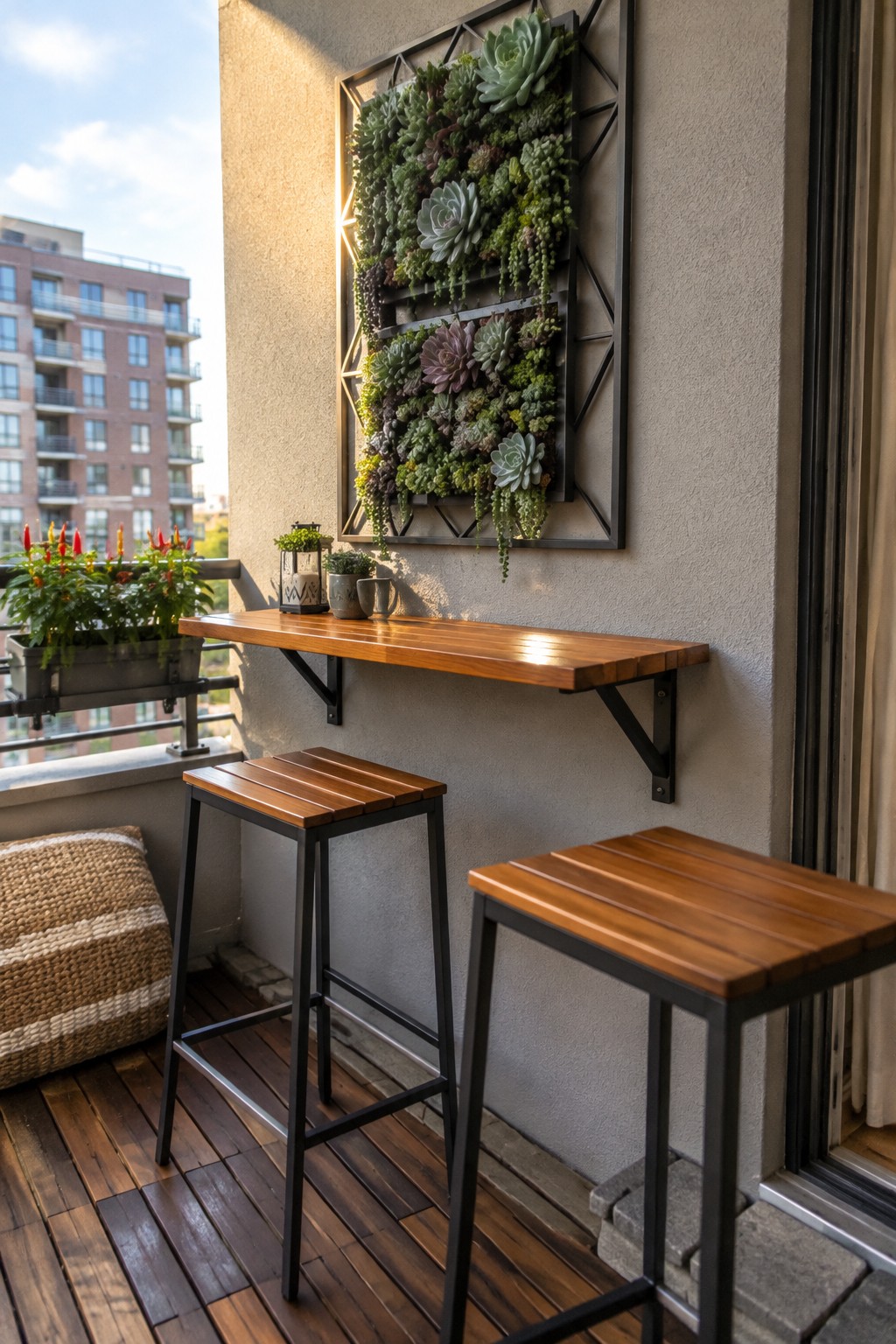 A framed vertical succulent garden hangs above a narrow wooden counter on a small balcony.