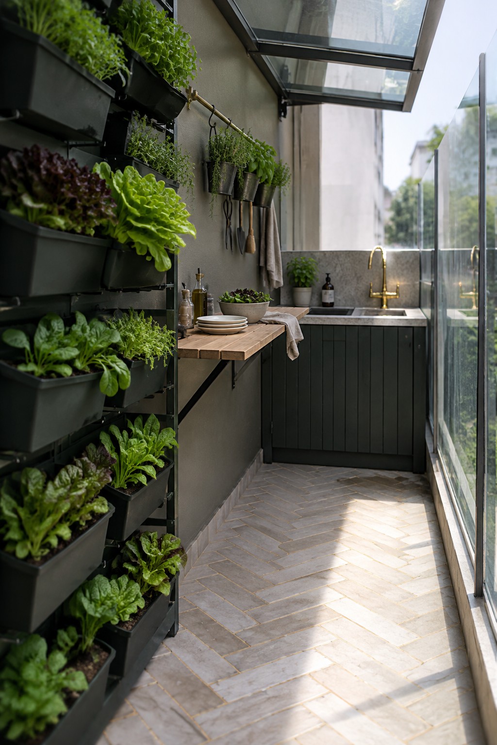 A narrow balcony with stacked wall planters filled with leafy greens beside a small counter and sink.