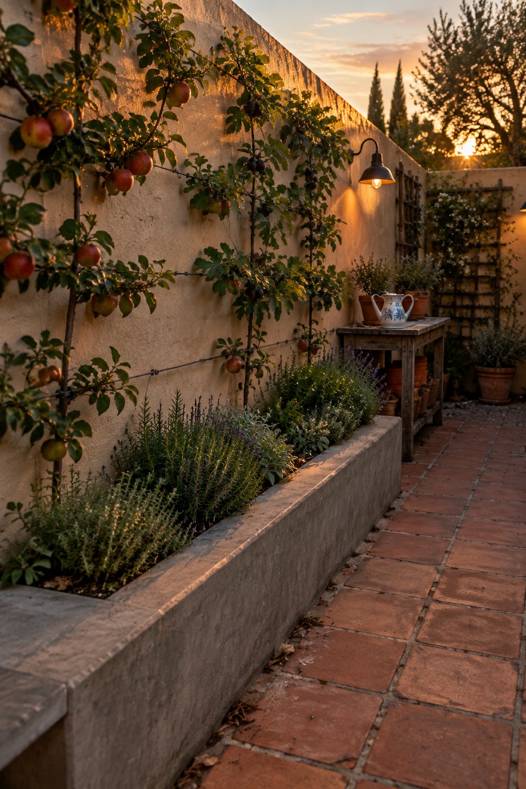 Apple trees trained along a stucco wall above a raised herb bed beside a brick patio path.