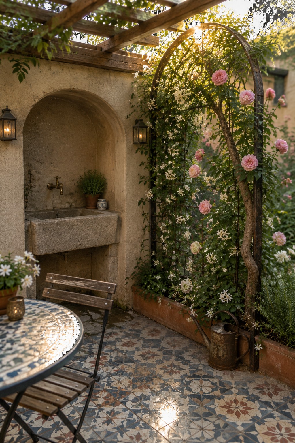 A metal garden arch covered in climbing roses and white flowers stands beside a stone patio sink.