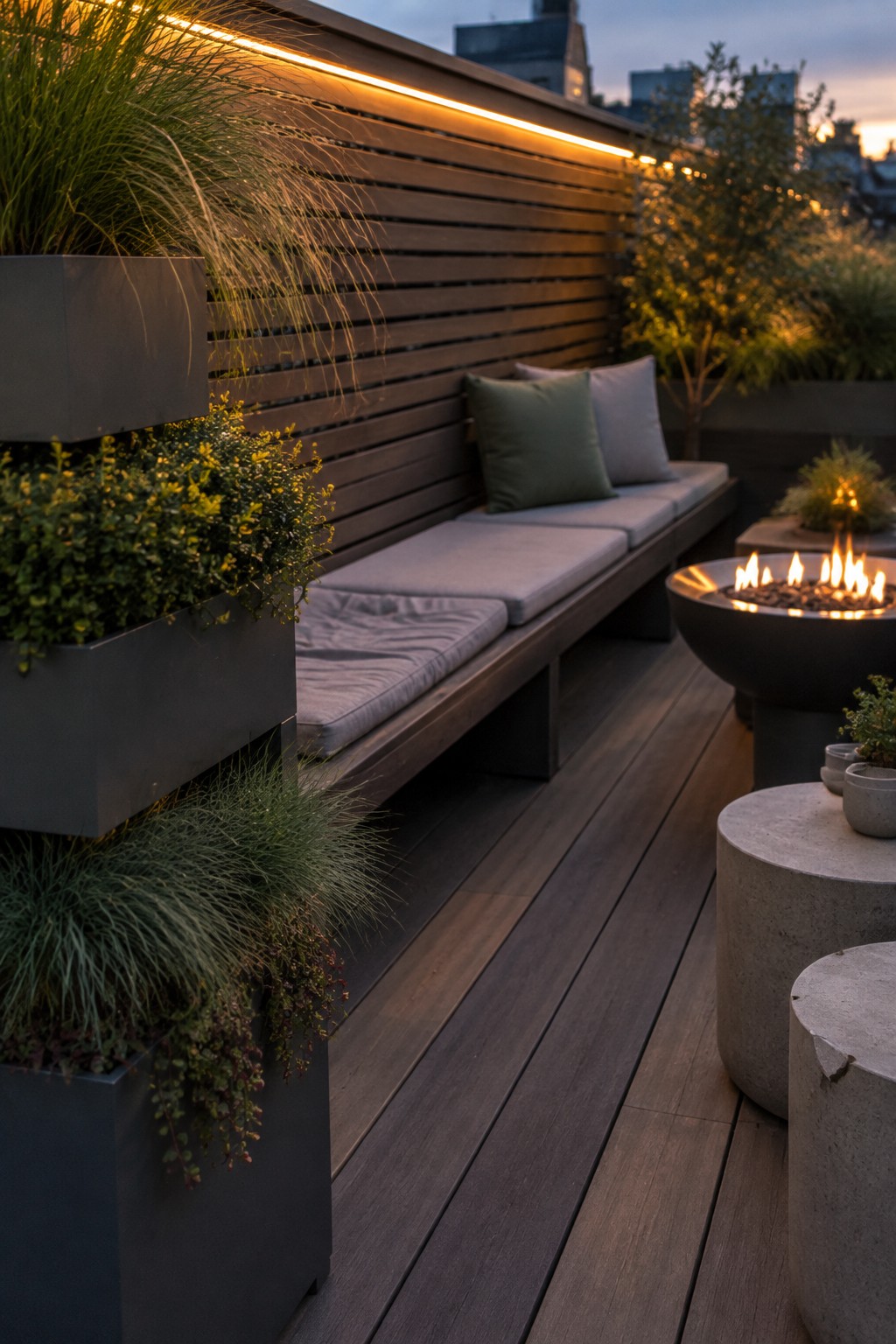 Tall grasses and trailing plants grow in dark raised planters beside a wooden slat wall and built-in patio bench.