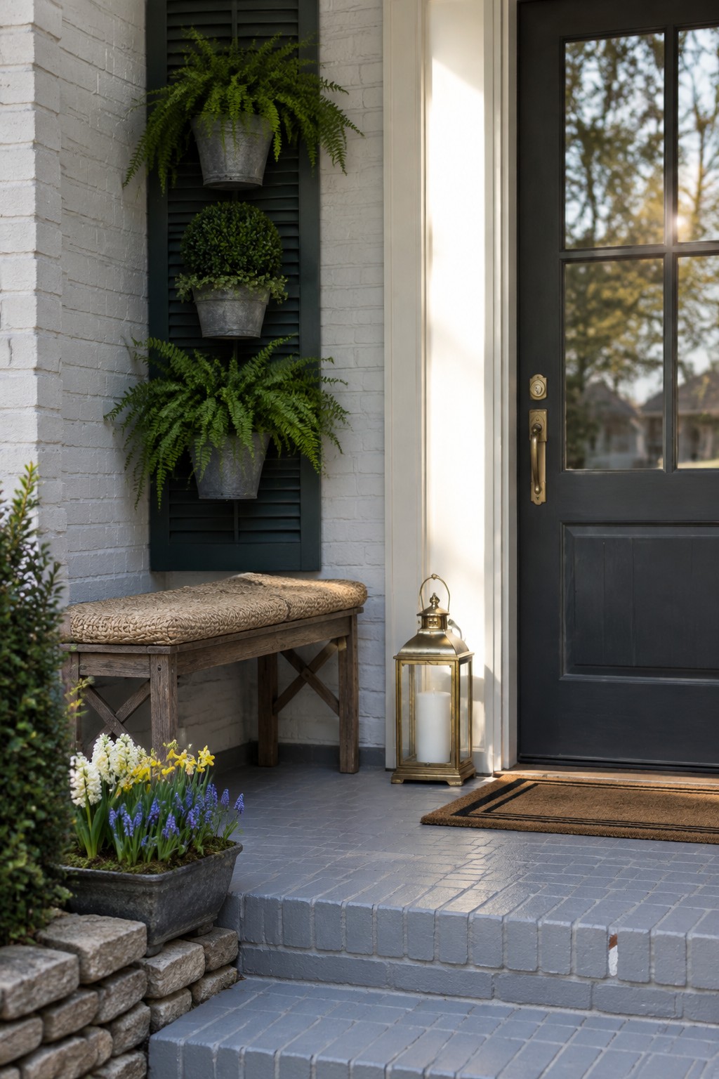 Three metal pots holding ferns and shrubs hang on a dark shutter panel beside a front door.
