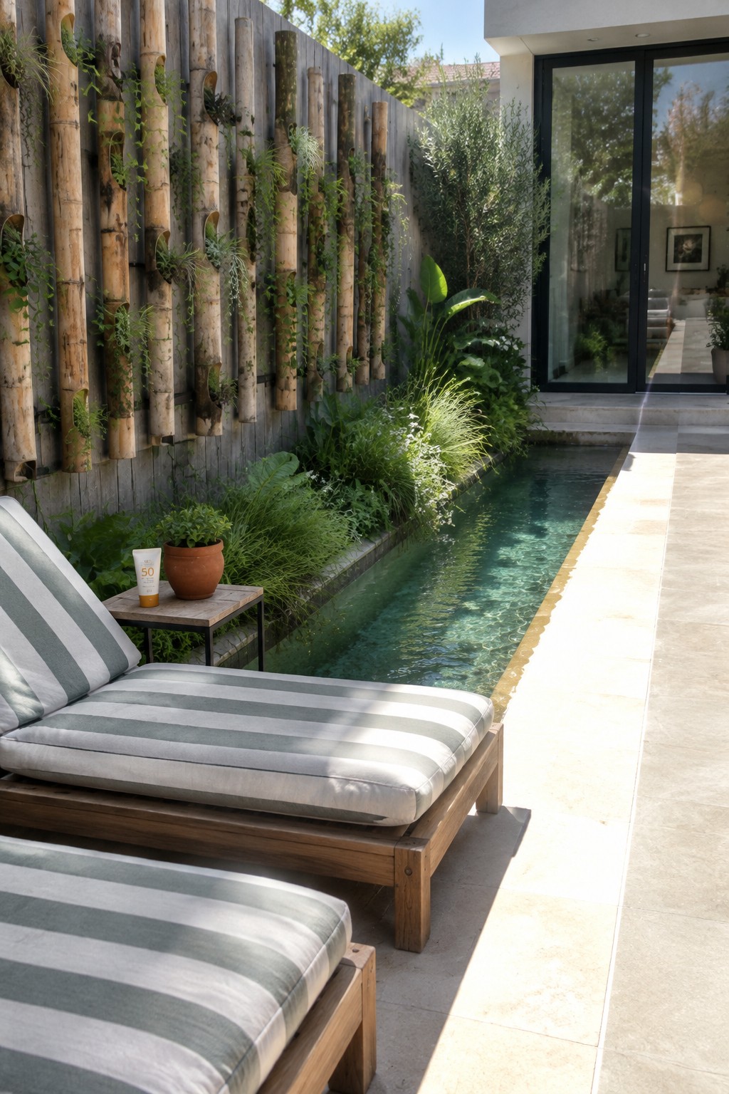 A narrow patio with bamboo wall planters, climbing greenery, a small pool, and striped wooden loungers.