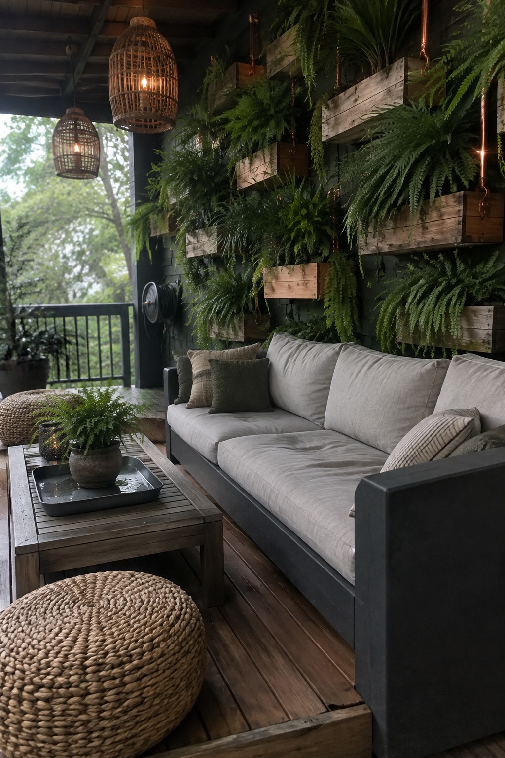 A patio seating area with wooden wall planters filled with ferns, a gray sofa, and a wooden coffee table.