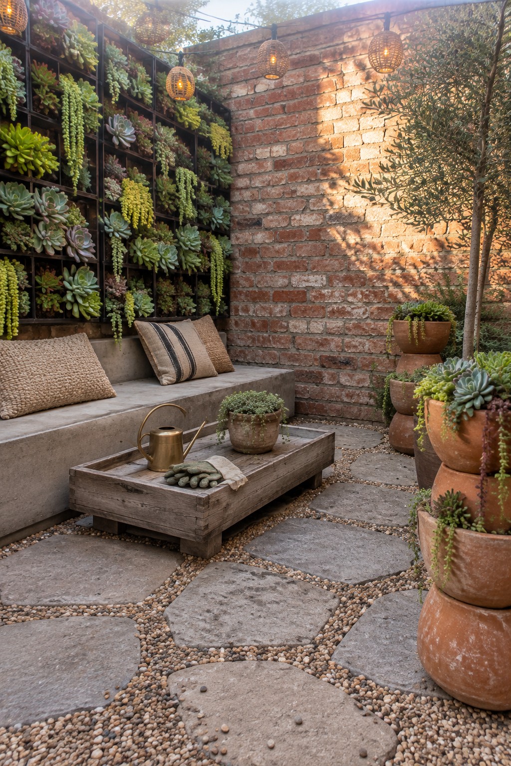 A small patio with a wall-mounted grid of succulents, a concrete bench, terracotta pots, and stone pavers.
