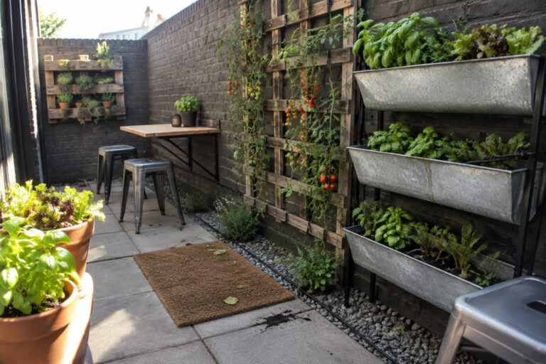 25 Clever Patio Vegetable Garden Ideas for Compact Growing Spaces Galvanized trough planters with leafy greens and tomato vines are mounted on a wooden trellis along a narrow paved patio.