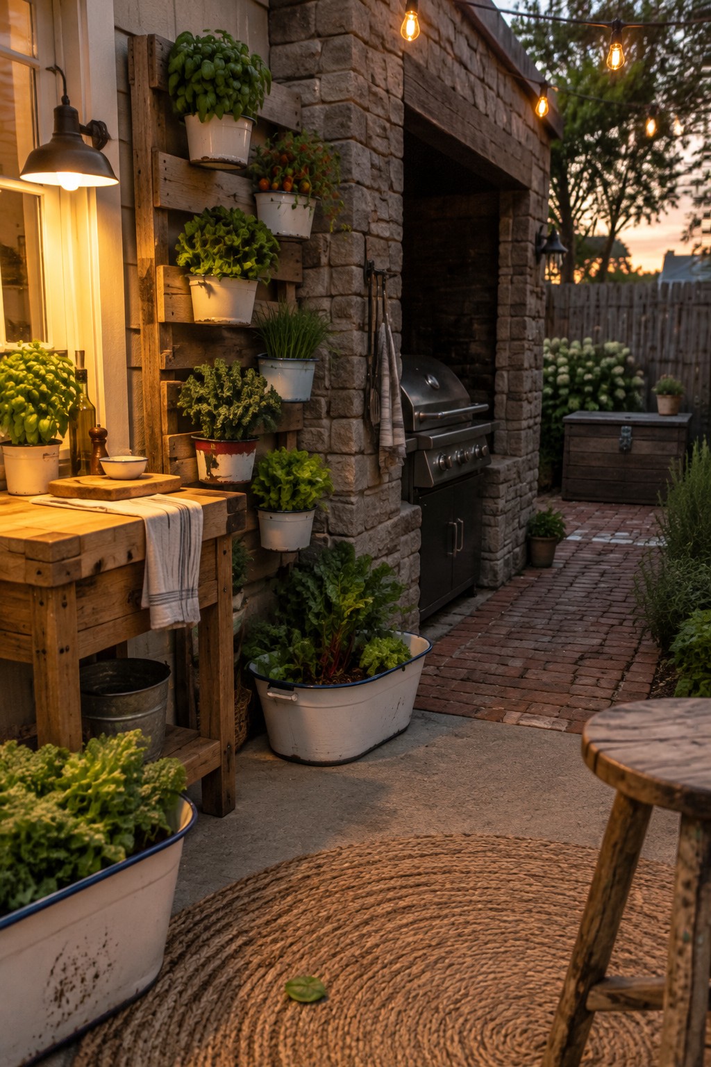 A patio wall holds rows of potted herbs beside a wooden worktable and a stone grill area.