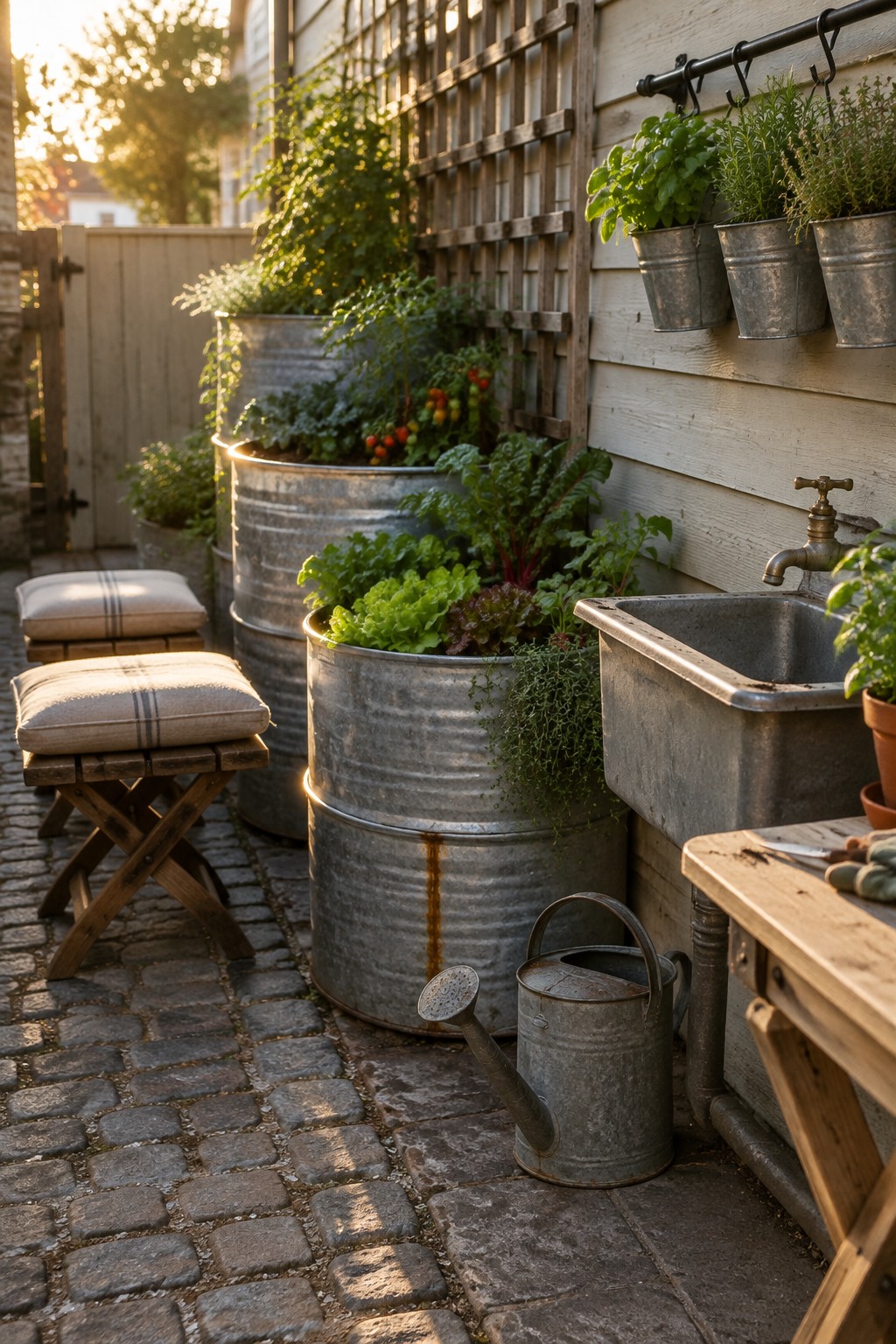 Galvanized tubs of vegetables line a cobblestone patio beside a wooden wall, with hanging herb pots, a utility sink, and a watering can.