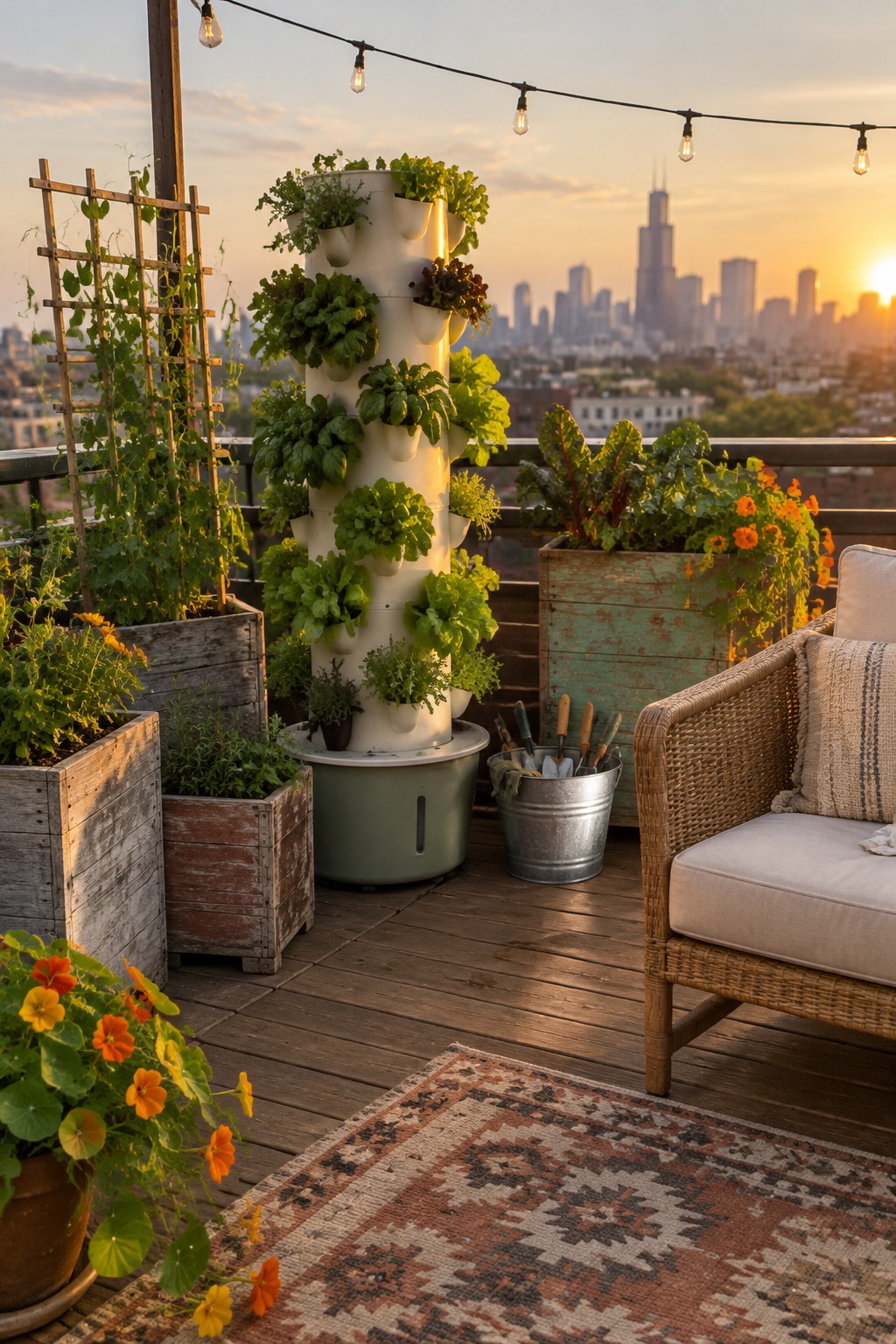 A white vertical planter filled with leafy greens stands among wooden raised beds and flower pots on a rooftop patio.