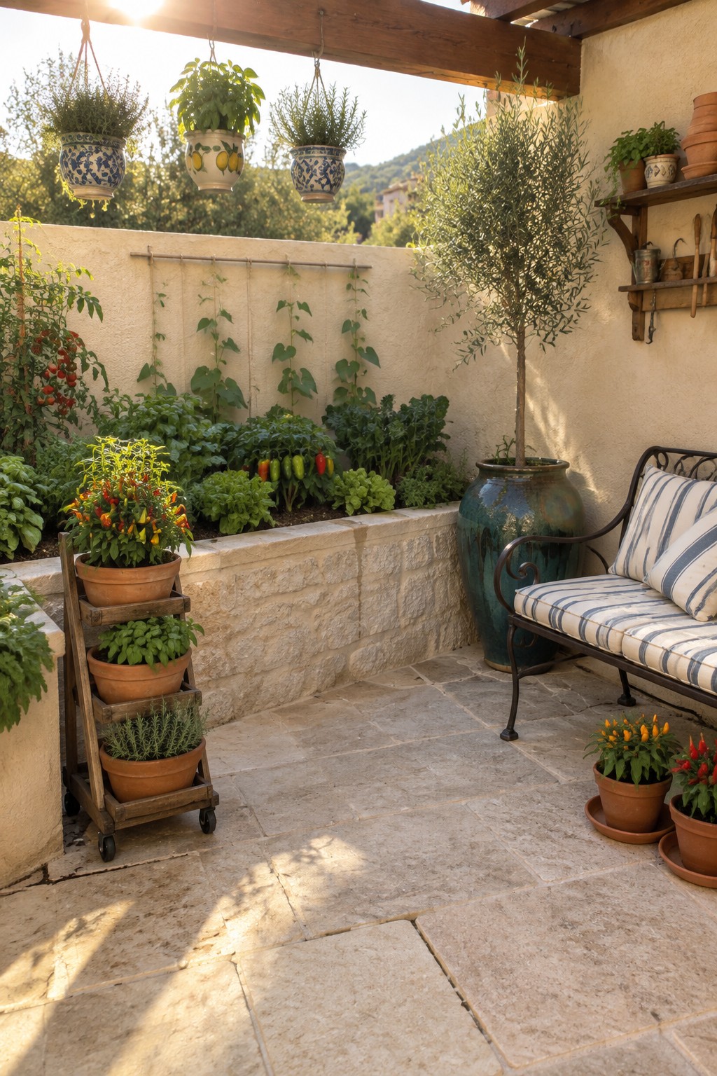 A compact patio vegetable garden with a raised stone bed, climbing plants on a wall trellis, and potted herbs and peppers.