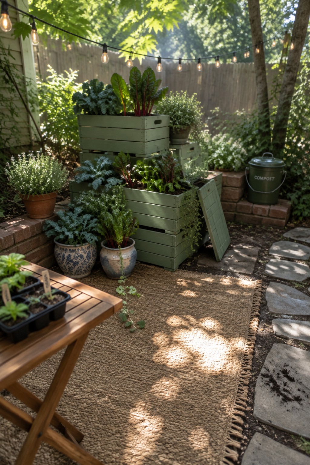 Stacked green raised planters filled with leafy vegetables sit beside a gravel path in a small garden.