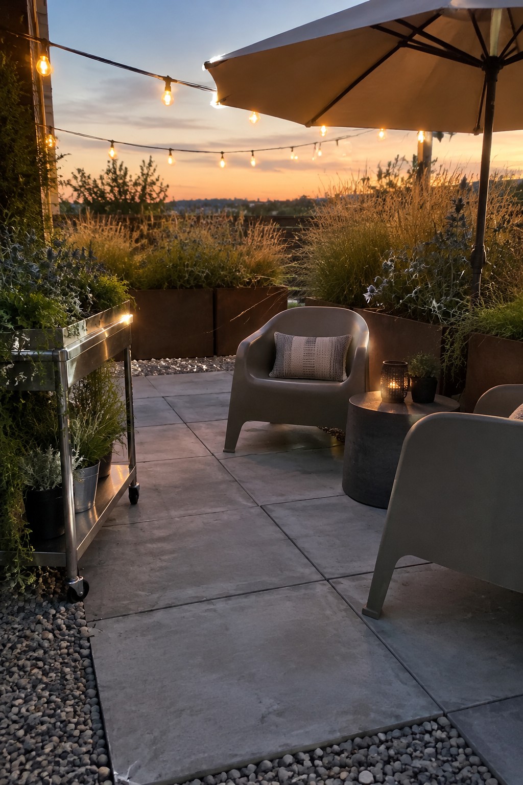 A paved patio with lounge chairs, a large umbrella, planter beds, and glowing string lights overhead.