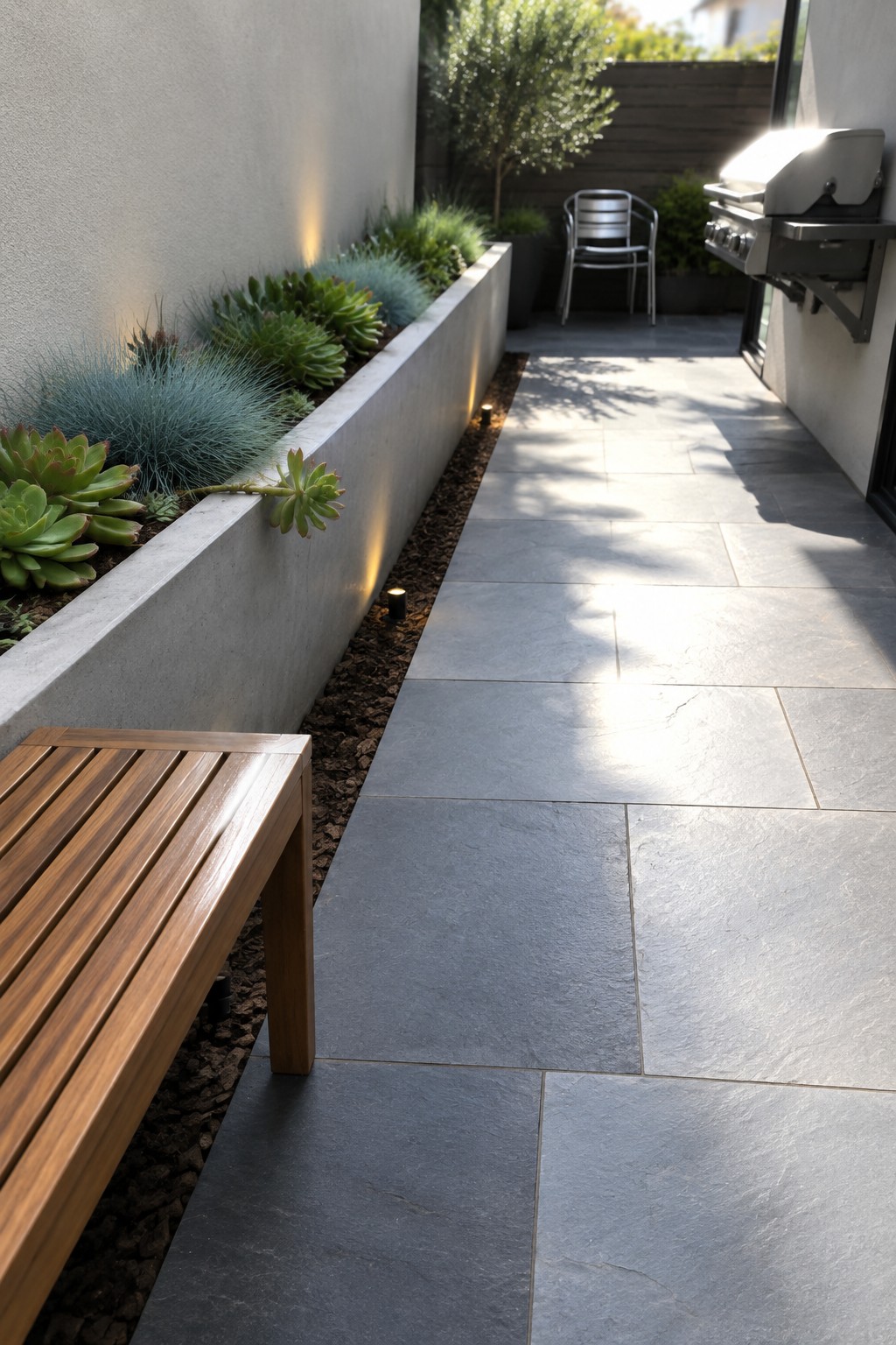 Large gray stone pavers run beside a raised succulent bed, with a wooden bench, chair, and built-in grill nearby.