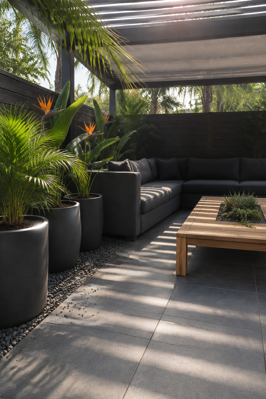 Large dark planters with tropical foliage and orange flowers sit beside a charcoal outdoor sectional on a tiled patio.