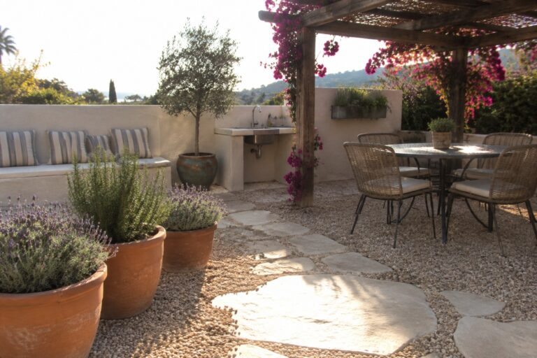 25 Low-Maintenance Patio Garden Ideas for Less Work and More Outdoor Enjoyment A round outdoor dining table and wicker chairs sit beneath a wooden pergola on a gravel patio.