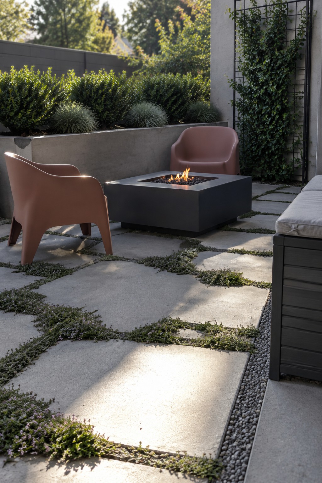 A square gas fire pit sits between two brown chairs on a paved patio.
