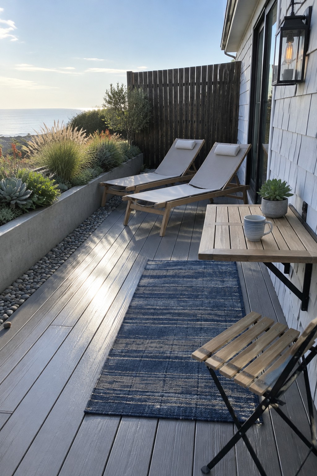 A narrow seaside deck with two chaise lounges, a raised planter, a small table, and a blue rug.
